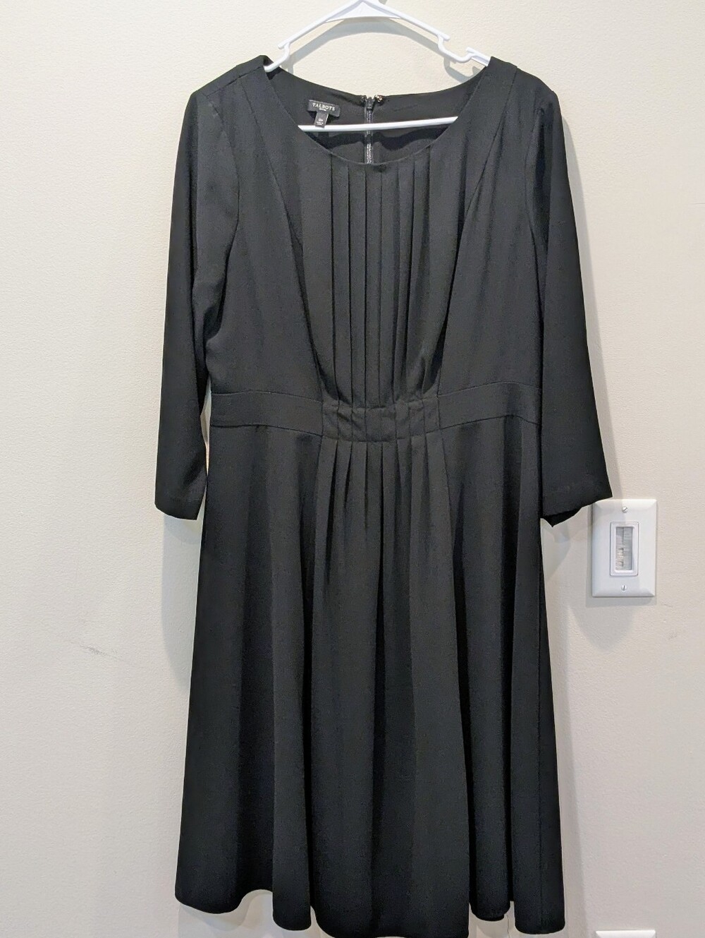 Talbots Petites Black Pleated Midi Fit-and-Flare Dress 12p